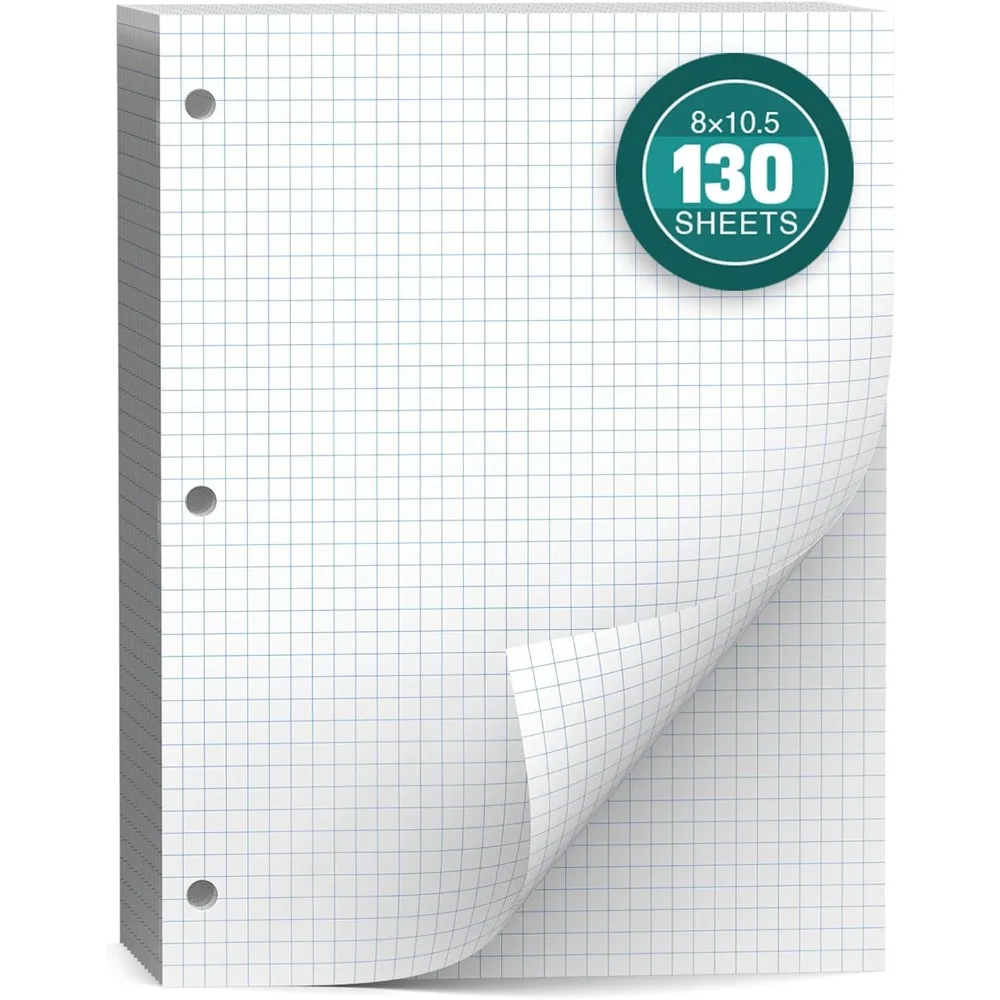 130 Sheets 8x10.5 Graph Paper, 4x4 Quad Ruled, 3-Hole Punched for Binders