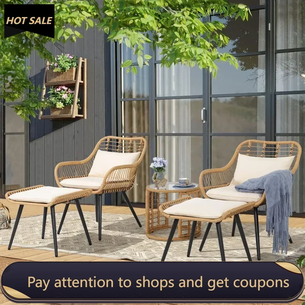 5 Piece Outdoor Wicker Furniture Set Lawn Camping Backyard Garden Sets Furniture Poolside Patio Rattan Set for Balcony Tools