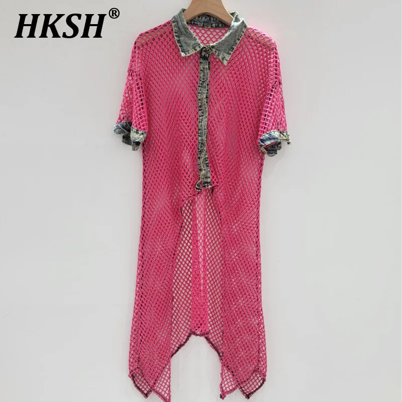 

HKSH 2025 Summer New Women Tide Dress Spliced Denim Patchwork Mesh Hollow Out Long Skirts Outerwear Thin Fashion Chic Ins HK4937