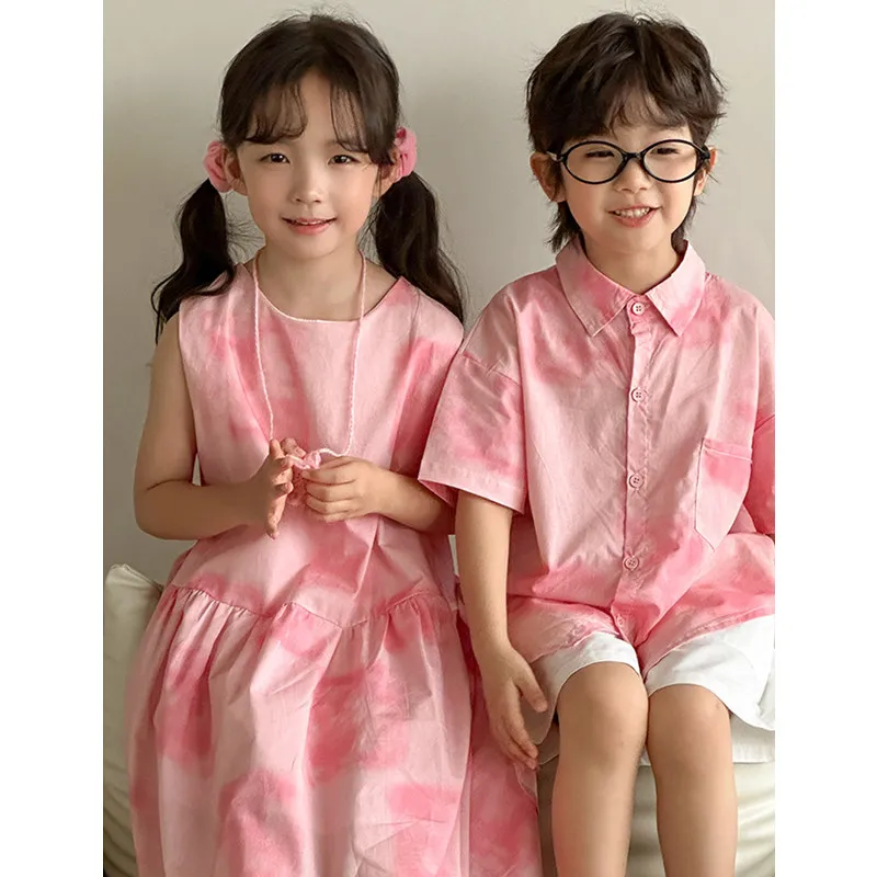 Holiday Look Brother Sister Matching Siblings Outfits Girls Pink Dress Vacation Boys Shirts Korean Children Baby Twin Clothes