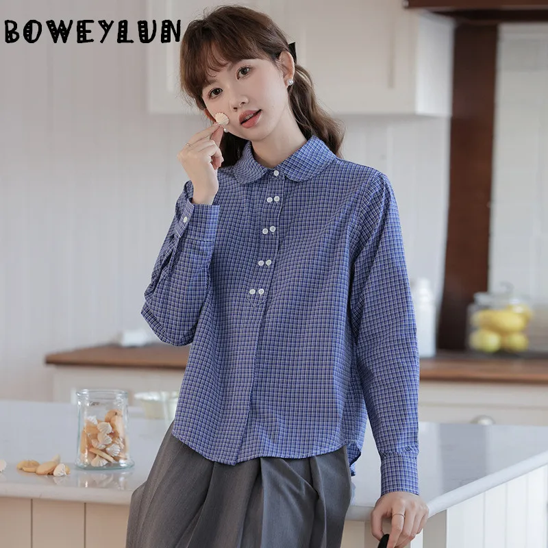 

BOWEYLUN Новая весенняя женская блузка в японском стиле с воротником Питер Пэн, в клетку, с длинным рукавом, однотонная, на двойной пуговице