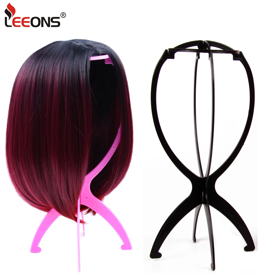 

Leeons Black Pink 1Pcs Short Wig Stand Portable Folding Wig Holder For Multiple Wigs Hats 35Cm 13.7 Inches Display Wig Stand