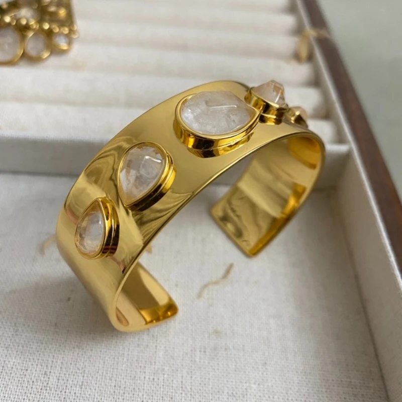 Europe American Natural Crystal Brass Gold Plated Smooth Bracelet Woman Top Quality Luxury Jewelry Trend