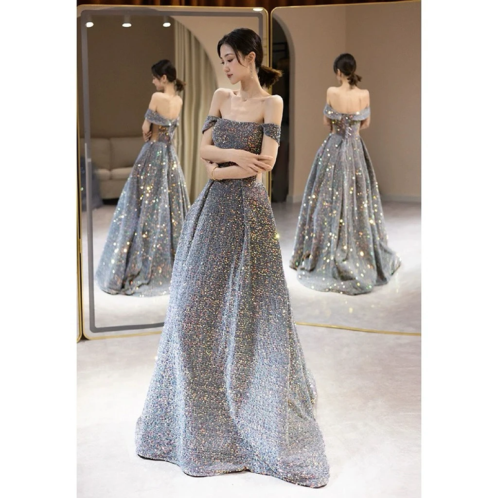 Shiny Gray Sequins Celebrity Dresses Boat Neck Off the Shoulder A-line Gradient Lace-up Woman Evening Bridesmaid Gowns 2023