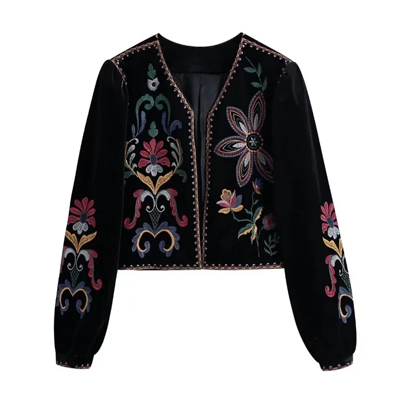 

Women Vintage Flower Embroidery National Style Long Sleeves Short Coat Ladies V-neck Casual Velvet Shirt 2025 NEW Jacket Tops