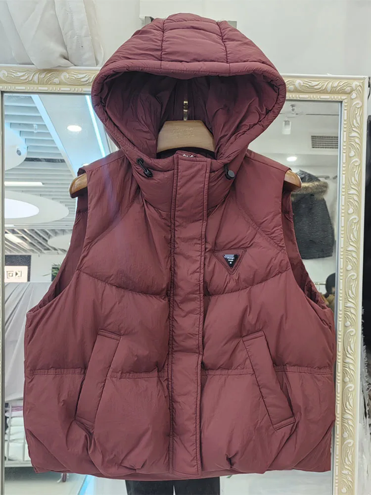 Women White Duck Down Sleeveless Jacket with Hood Casual Over Size Autumn Winter Warm Loose Thick Fashionable Vest New