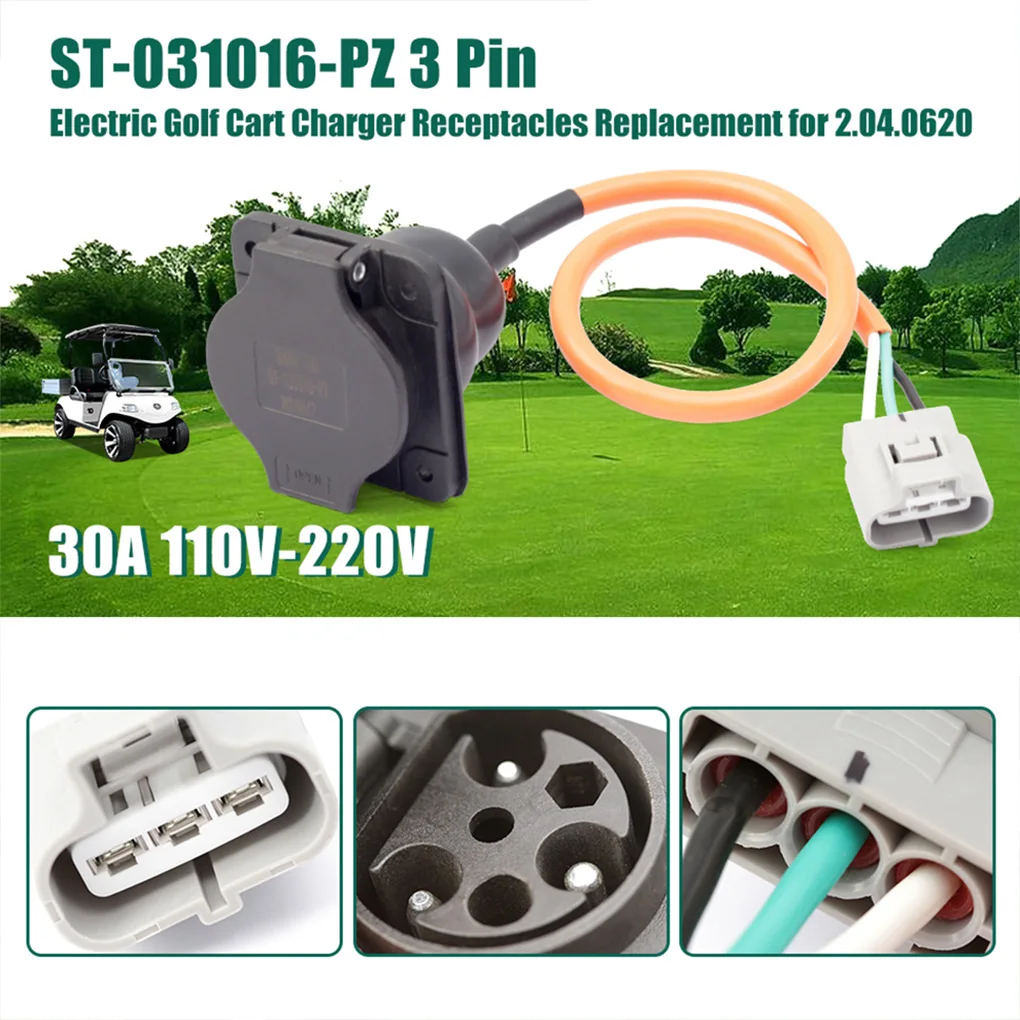 ST-031016-PZ Electric Golf Cart Charger Receptacles Head Replacement for Evolution Cart Charger Port 3 Pin Charge Cable 30A