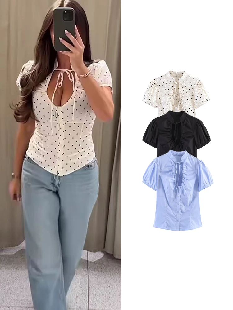 

TFMLN Summer Women Hollow Out Blouse Casual Streetwear Buttons Short Sleeve Tops Chic Sweet Bow Tie Lace Up T-shirts Female