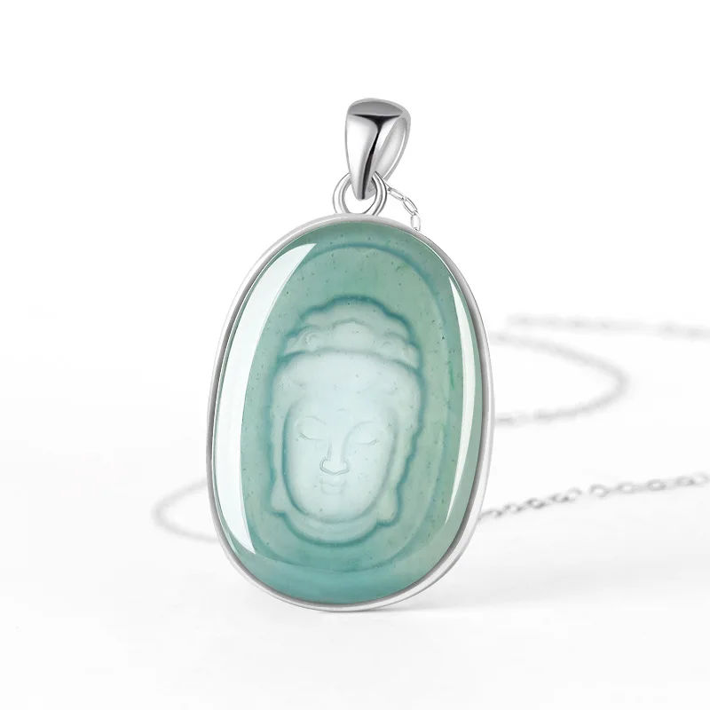 

S925 Silver Burmese A Emerald Jade Bodhisattva Guanyin Shadow Carving Pendant Amulets Blue Water Natural Ice Seed Jewelry Gifts