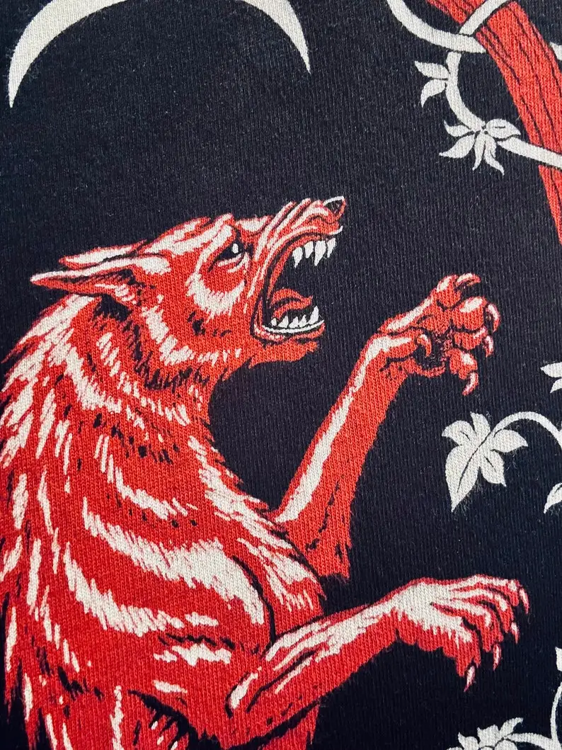 Heraldic Wolf mens screen-printed T shirt, red Werewolf under sun & moon in silver vined forest trees