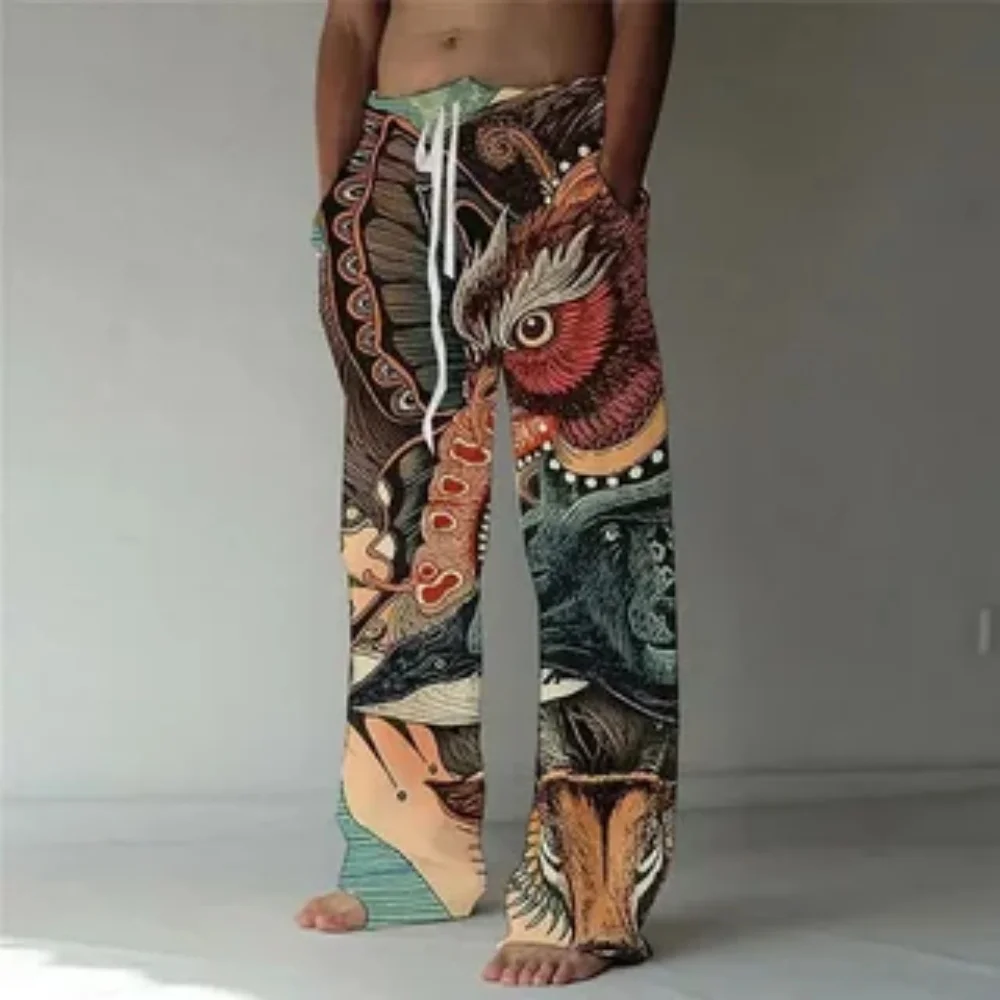2025 Summer men's new straight-leg pants, 3D retro animal print high street daily outdoor comfortable casual pants