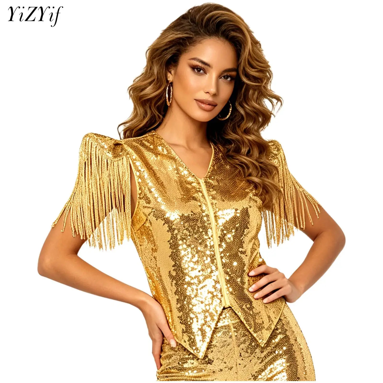 Womens Disco Party Jazz Dance Sequins Fringe Vest Jacket Tassels Fly Sleeve V Neck Zipper Metallic Shiny Tank Top Rave Clubwear