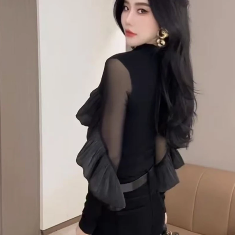 Women's Autumn Winter New Long-sleeved Semi-high Neck Slimming Base Layer Fashionable Foreign Hot Girl Spliced Ruffled T-shirt