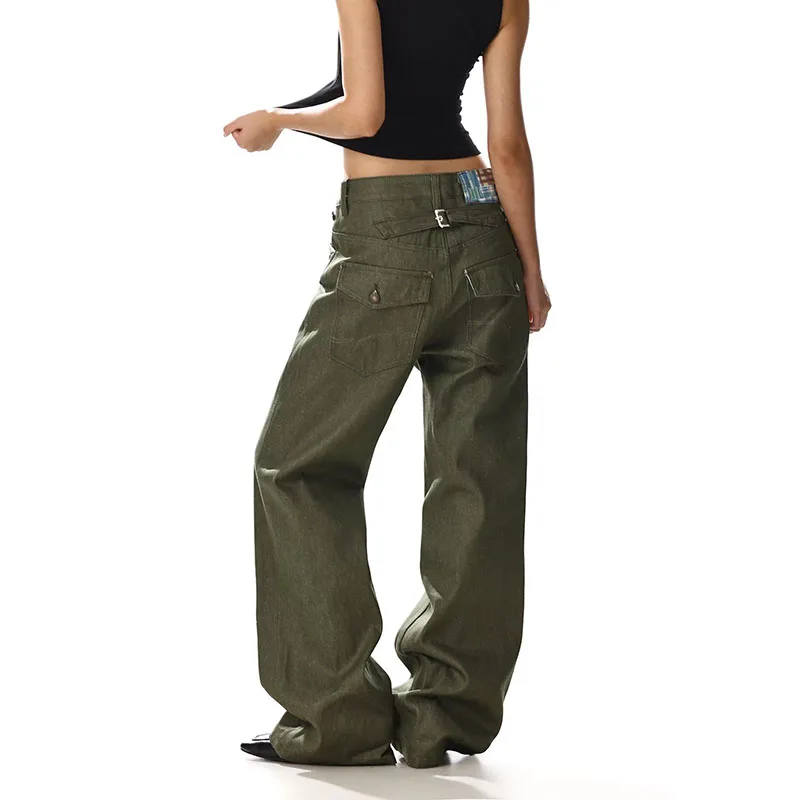 Women Buckle‑Back Washed Jeans Girls Spring Autumn Flip Pockets Plaid Panel Loose Wide‑Leg Jeans Lady Daily Denim Pants