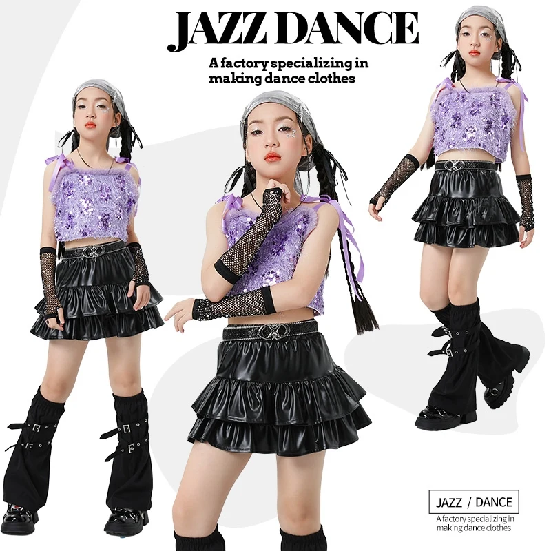 

New KPOP Outfit Hip Hop Dancing Costume Jazz Stage Set Kids Performance Clothes Purple Sequin Vest Black Leather Skirt XH2673