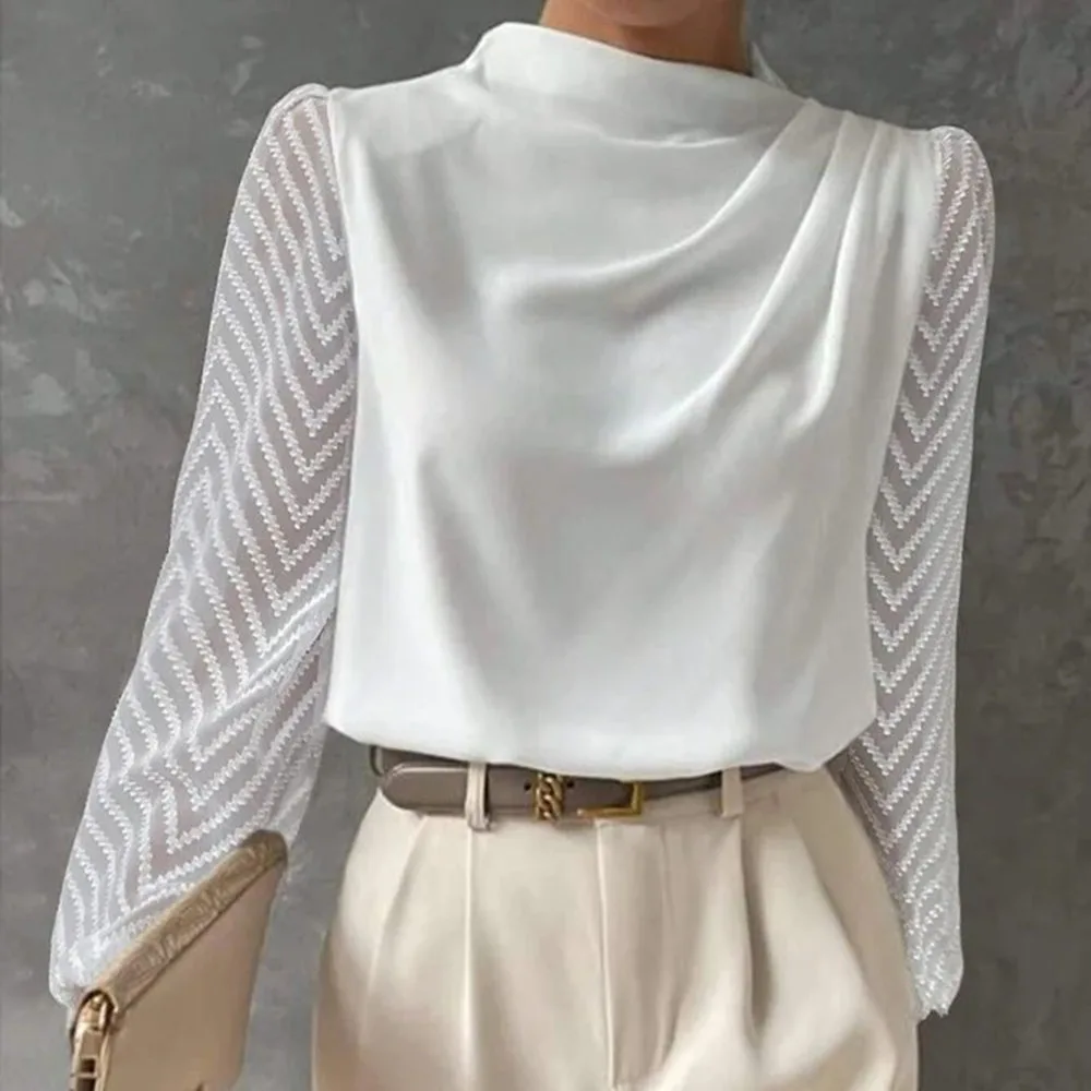Women\'s Shirt Fashion White Chiffon Blouse Spring Autumn Lace Long Sleeve Folds Loose Black Tops Office Women Elegant Clothing