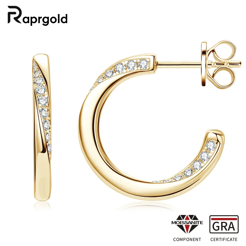

RAPRGOLD GRA Certified Moissanite C-shaped Stud Earring for Women 925 Sterling Silver Wedding Earrings Jewelry Gifts Pendientes