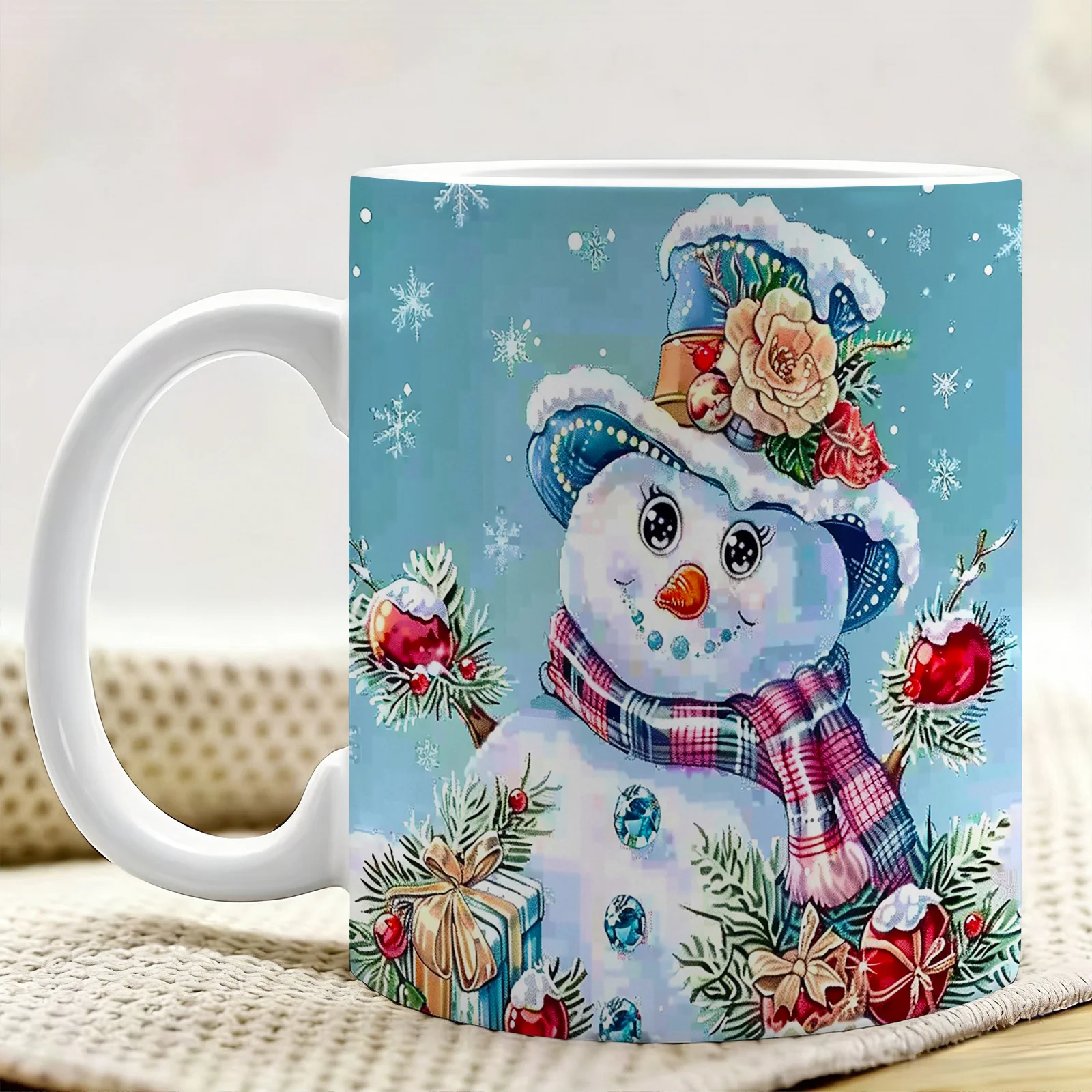 1pc Snowman Pattern Ceramic Coffee Mug with Double-Sided Pattern Design, Reusable, Easy to Hand Wash, 11 Oz Stylish Cup for Home Decor, Office Water Cup, Christmas Gift for Friends
