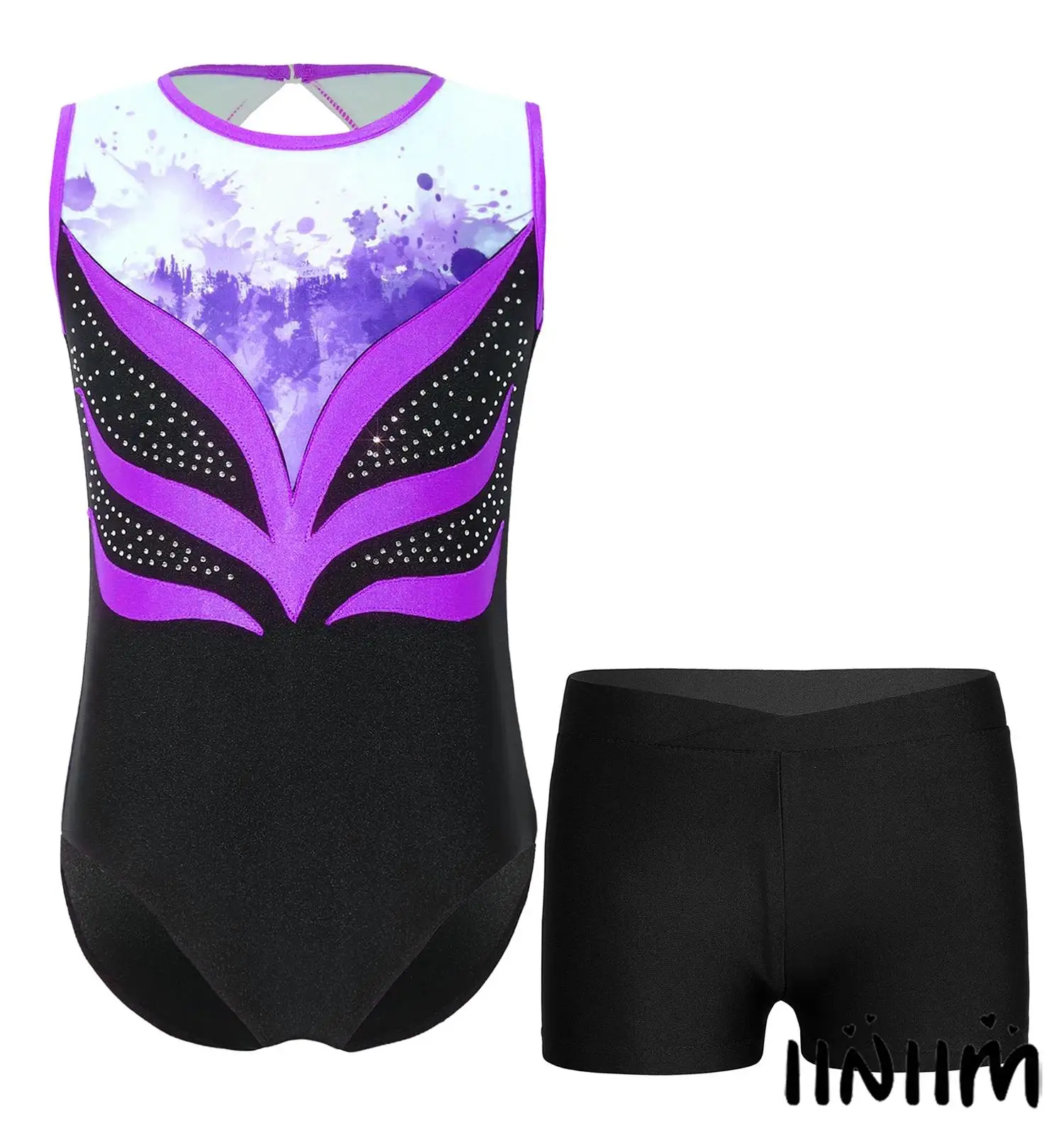 

Kids Gymnastics Latin Jazz Dance Set Girl Sleeveless Rhinestone Color Block Dance Leotard with Matching Shorts Lyrical Dancewear