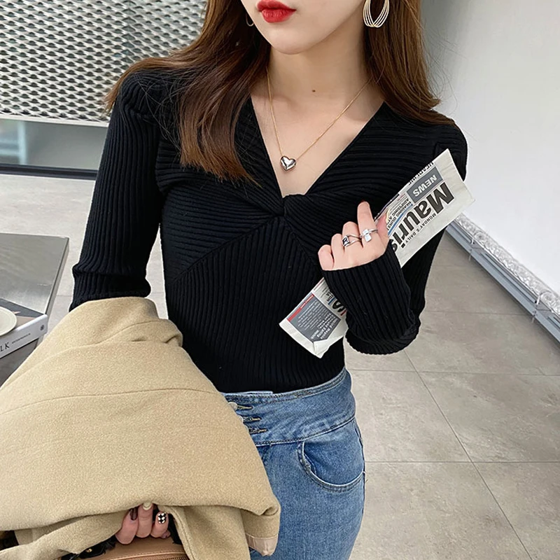 Ropa coreana para mujer, Tops con cuello en V, manga abombada, nuevo diseño informal, jersey con lazo de punto, suéter Base cálido 2023