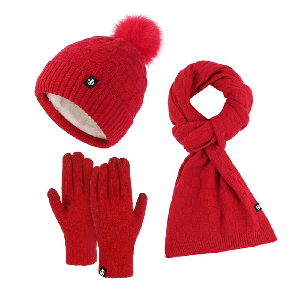 Conjunto de guantes de invierno para mujer, gorro cálido con pompón, bufanda larga, calentador de cuello, guantes de pantalla táctil, 3 en 1