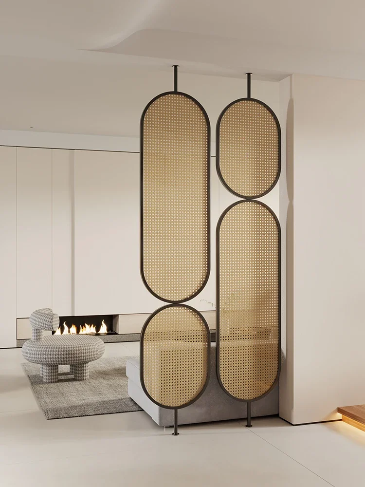 Rattan glass screen partition, living room entrance door blocking the entrance, simple modern wabi sandy retro