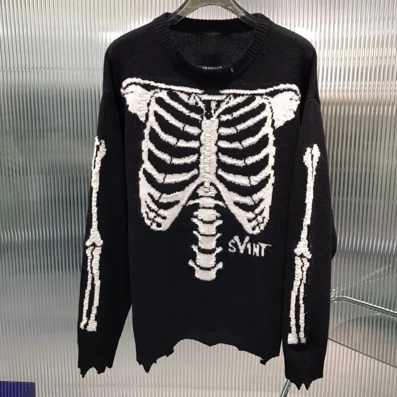

Свитер в стиле хип-хоп в стиле ретро, мужской пуловер, череп, кость, рамка, сломанное отверстие, нож, поврежденный трикотаж, женский топ
