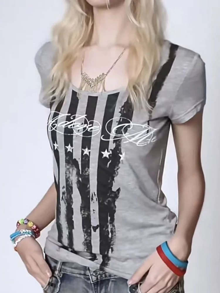 Millennial punk-style letter print T-shirt,vintage star-and-stripes pattern, low-neck slim-fit lightweight gray short-sleeve top