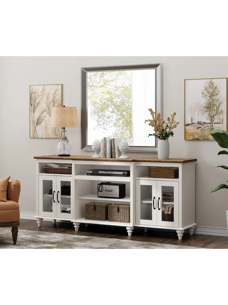 Farmhouse TV Stand for TVs Up to 75 inch, 4-Door Glass and Wood Universal TV Console with 9 Storage Cabinets