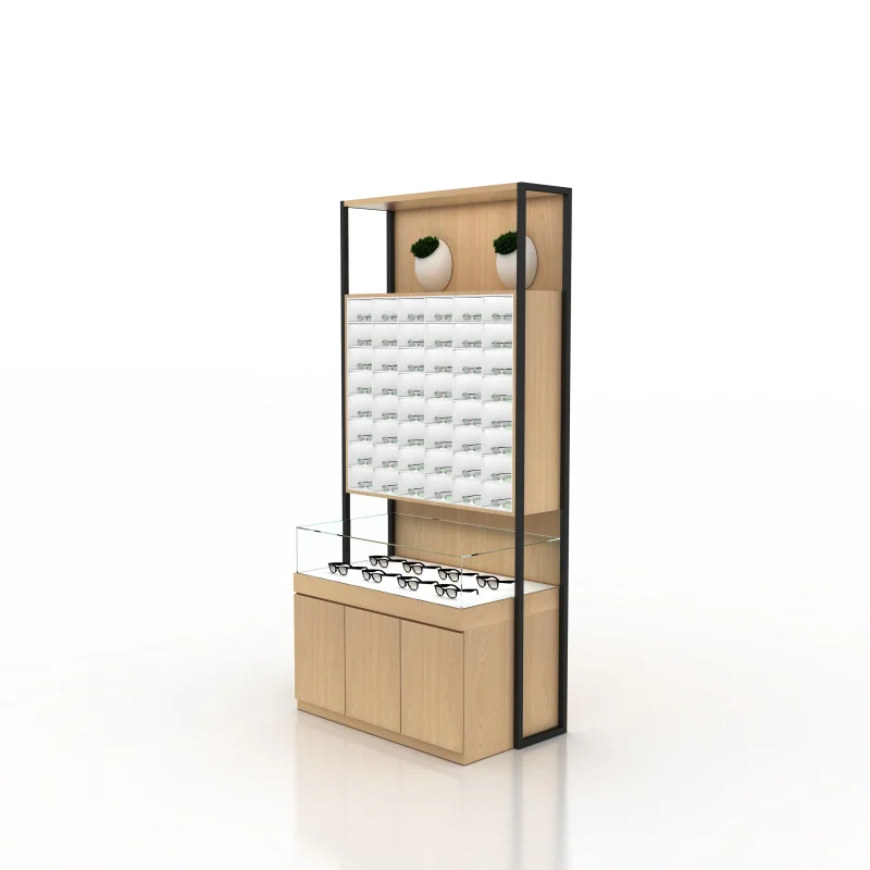 custom.Yiree Retail new optical lens shop oak wood floor stand wall mounted sunglass showcase wall display rack