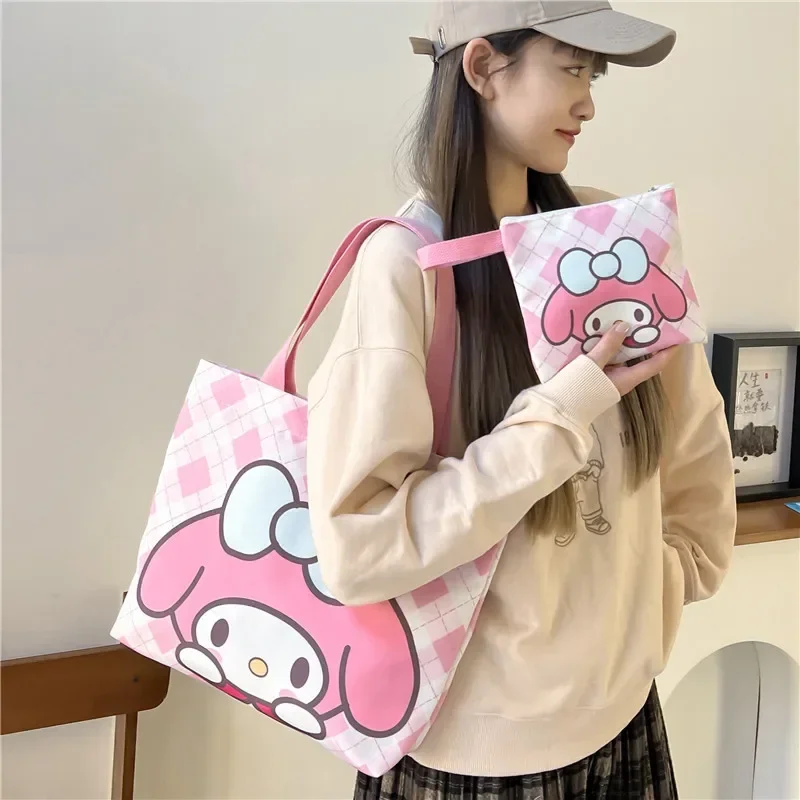 

Sanrio hello kitty Shoulder Bag Zipper Canvas Tote Bag Female Student Handbag Cartoon Kuromi Coin Purse Cosmetic Bag