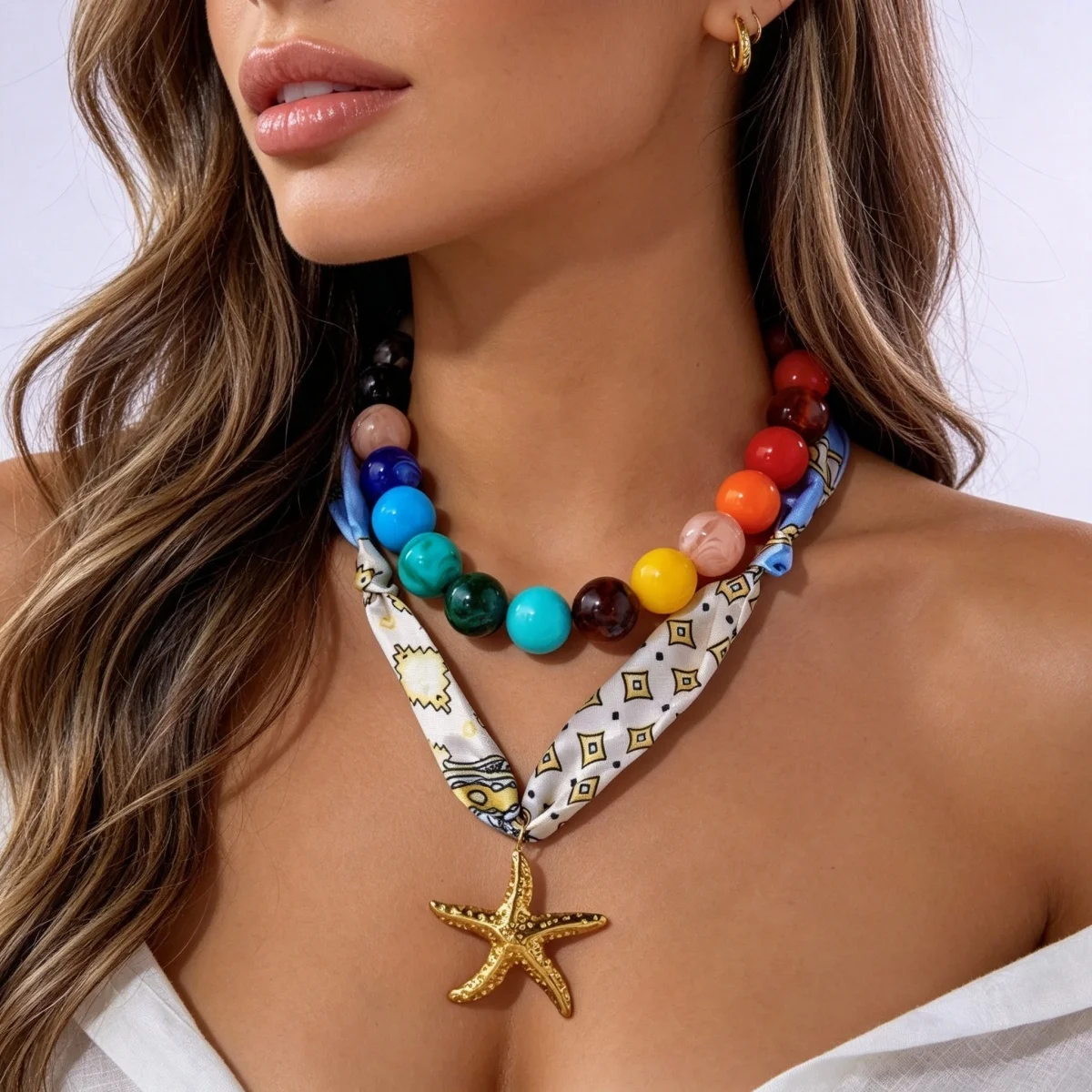 Bunter Acryl-Rundperlen-Schal mit Aufdruck, Seestern-Halskette für Frauen, Doppelschichtiger Edelstahl-Stern-Choker-Schmuck – Detail 12