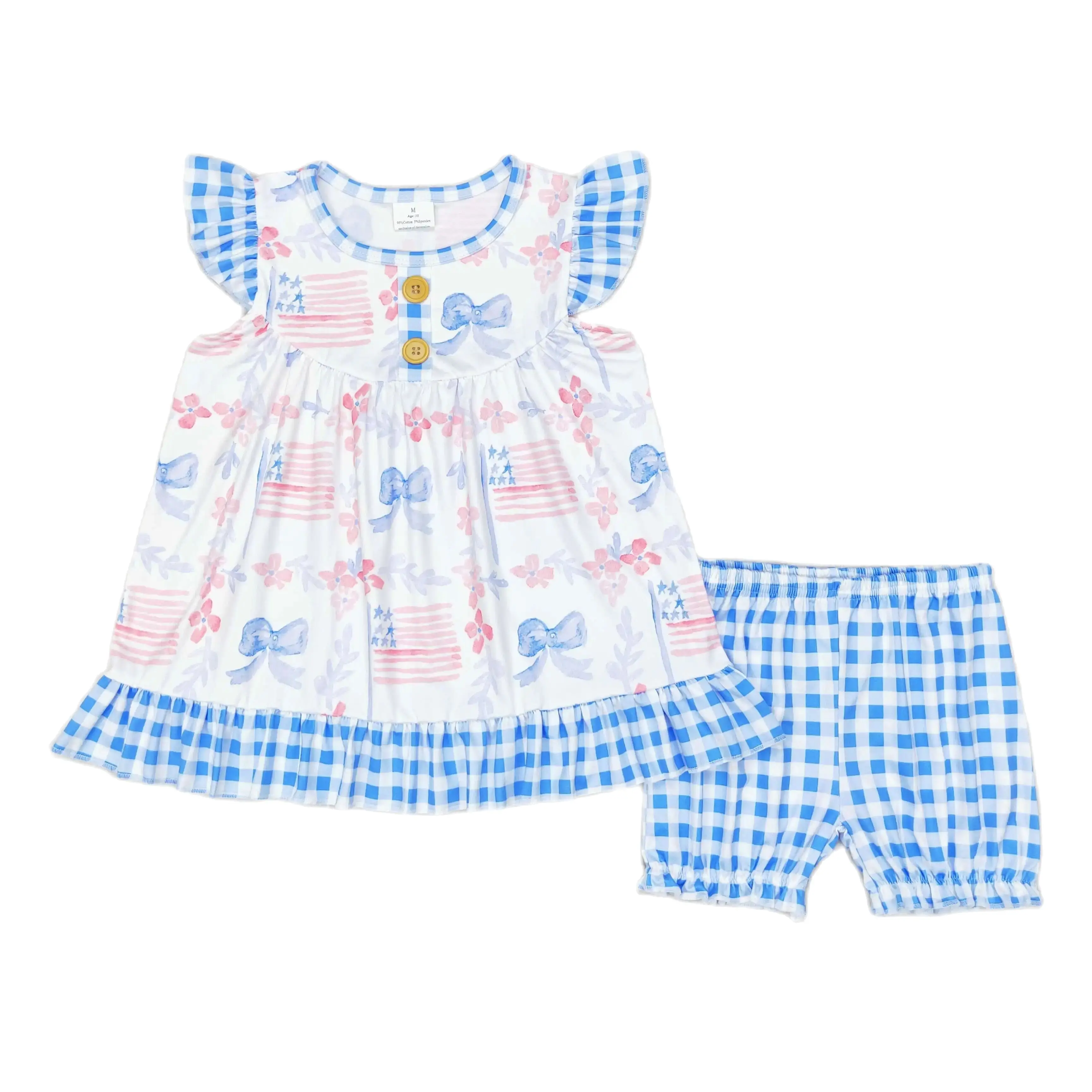 

Wholesale Baby Girl Summer Set Blue Short Sleeves Bow Floral Buttons Clothes Shirt Kid Ruffle Plaid Shorts Children Outfit