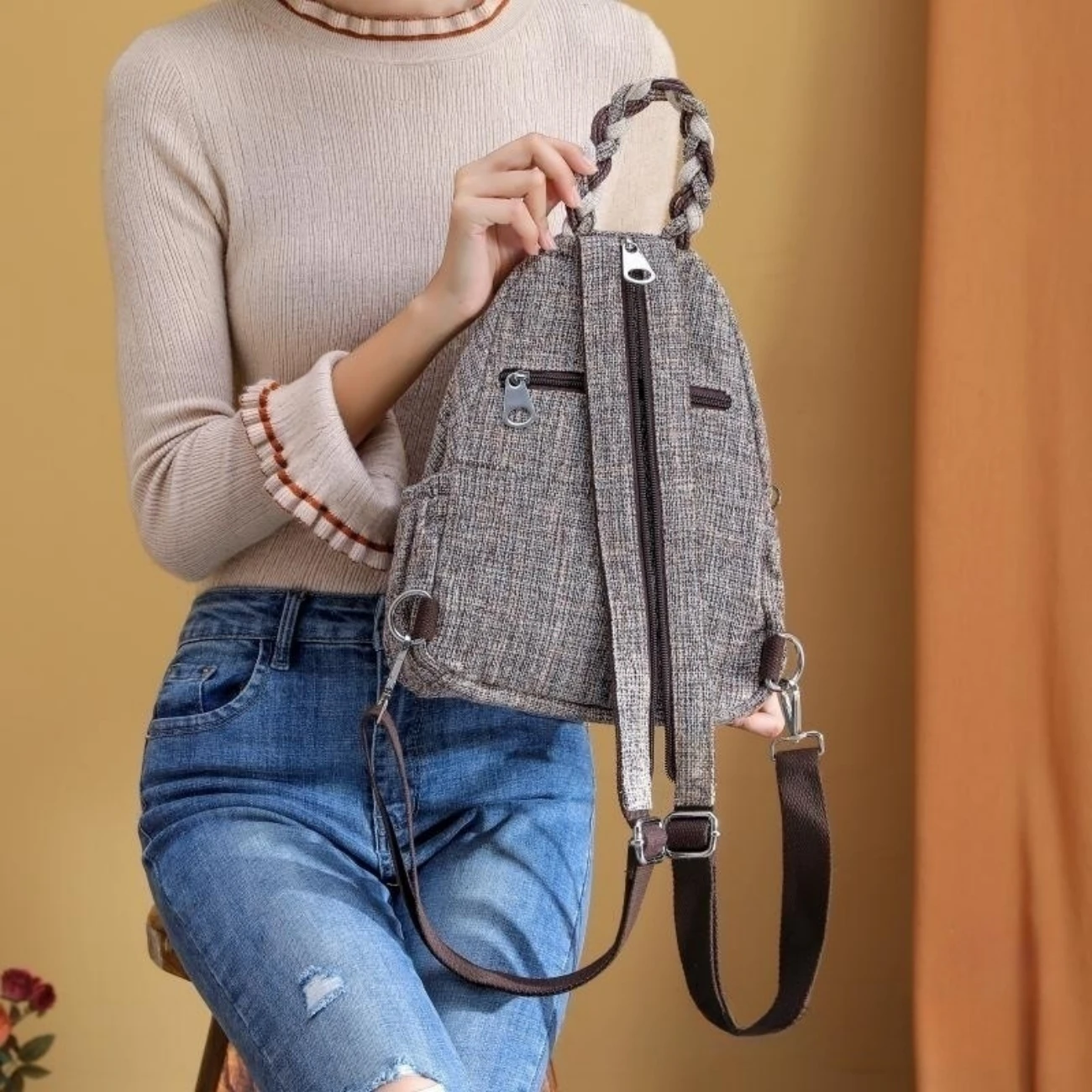 Bolso de hombro artístico de tela para mujer, bolso de pecho, bolso informal versátil, bolso de doble capa, bolso con forma de flor