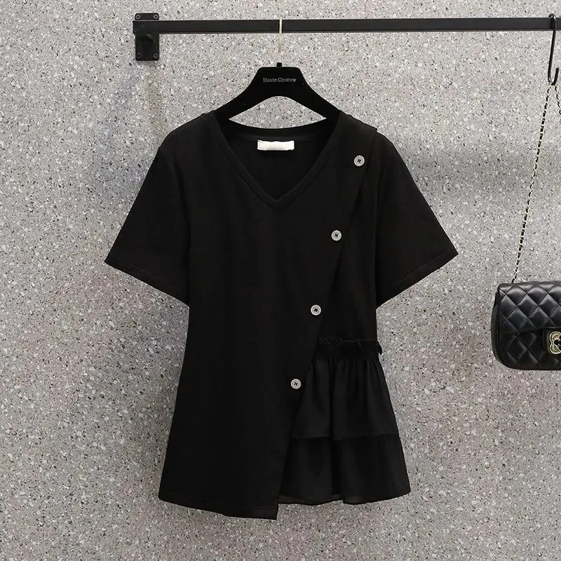 Women's Asymmetric Ruffle Hem Blouse White V-neck Short Sleeve Button Detail Ruffle Hem Casual Blouse