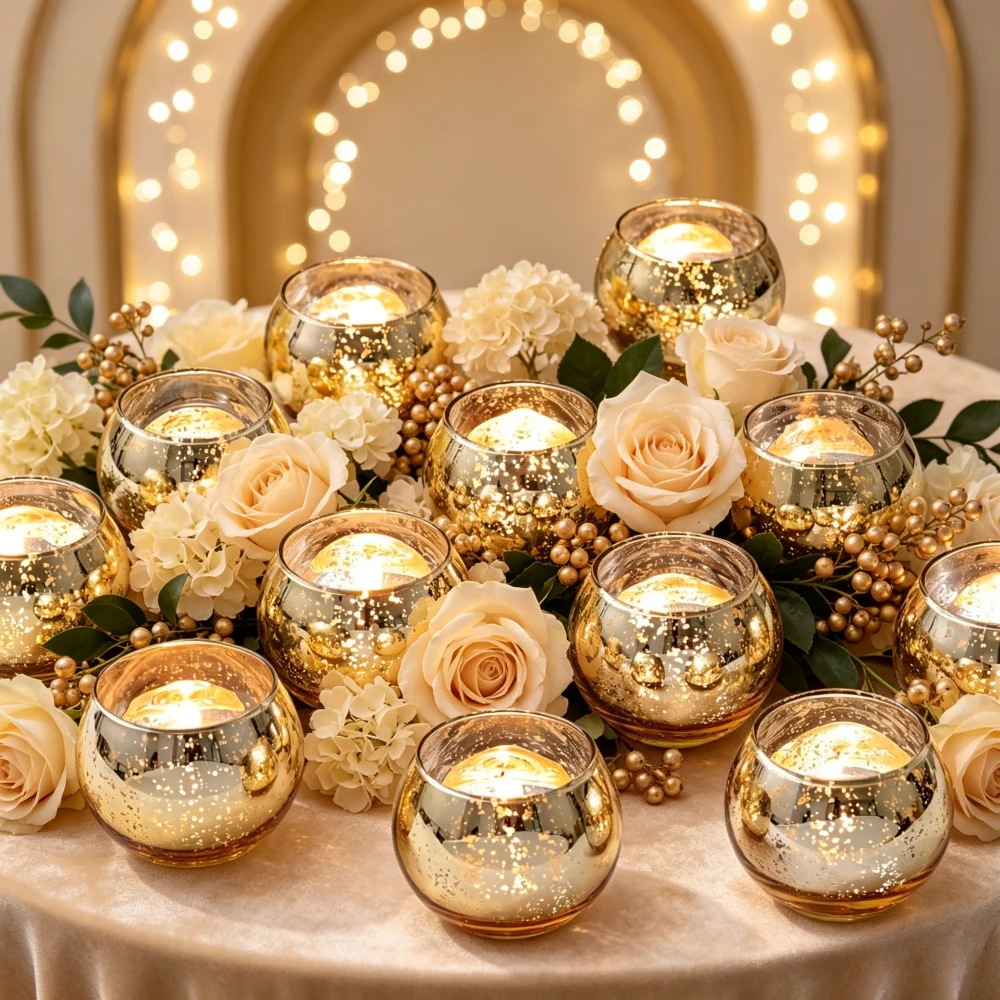 European Style Round Mercury Glass Tealight Holders Speckled Votive Candle Cups Aromatherapy Cup Outdoor Wedding Decoration