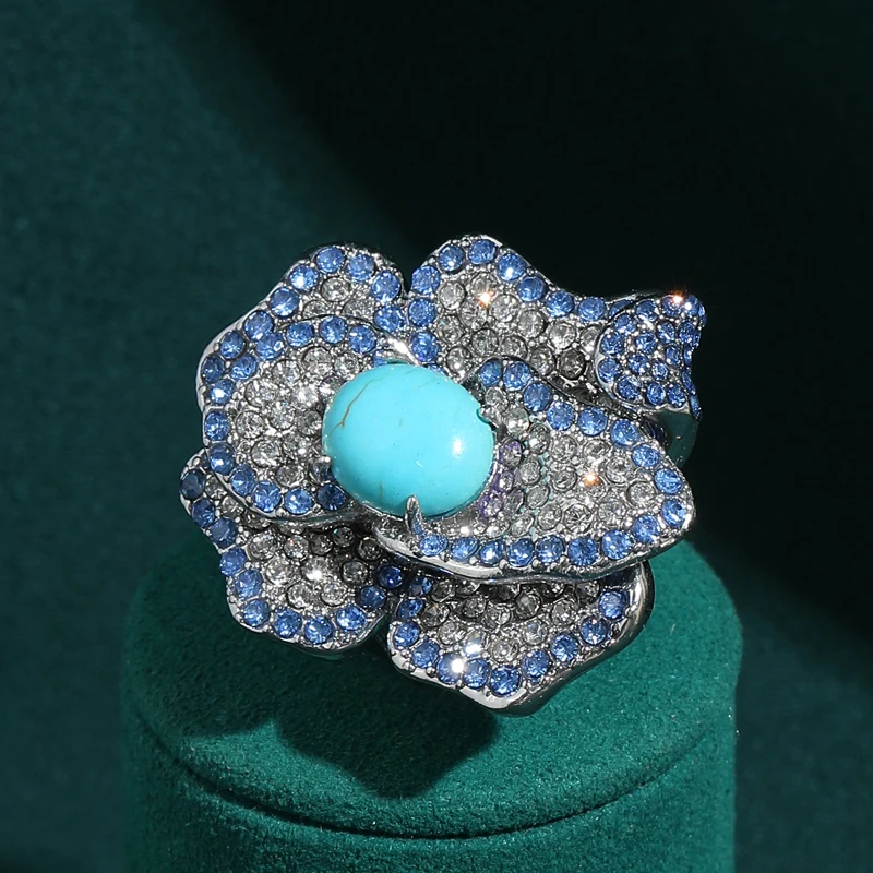

Large Vintage Turquoise Flower Rings Blue White Rhinestone Silver Color Antique Jewelry Women Holiday Beach Accessories