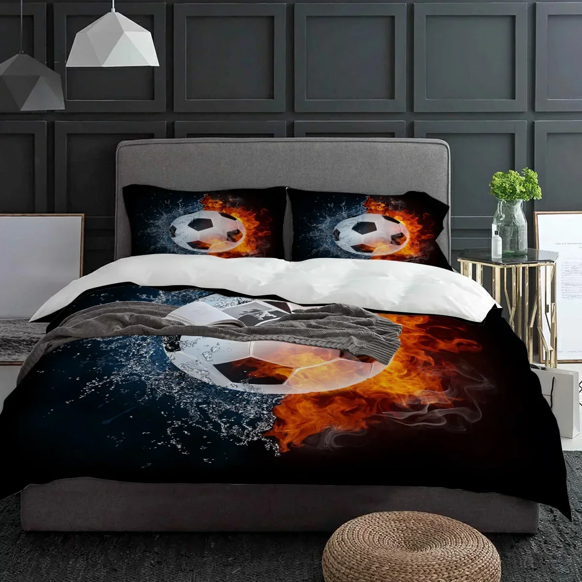 Football Ball Sports Fire Water Soccer Bedding Set 3pcs Duvet Cover Pillowcase Quilt Cover Double Bed Set Home Textile