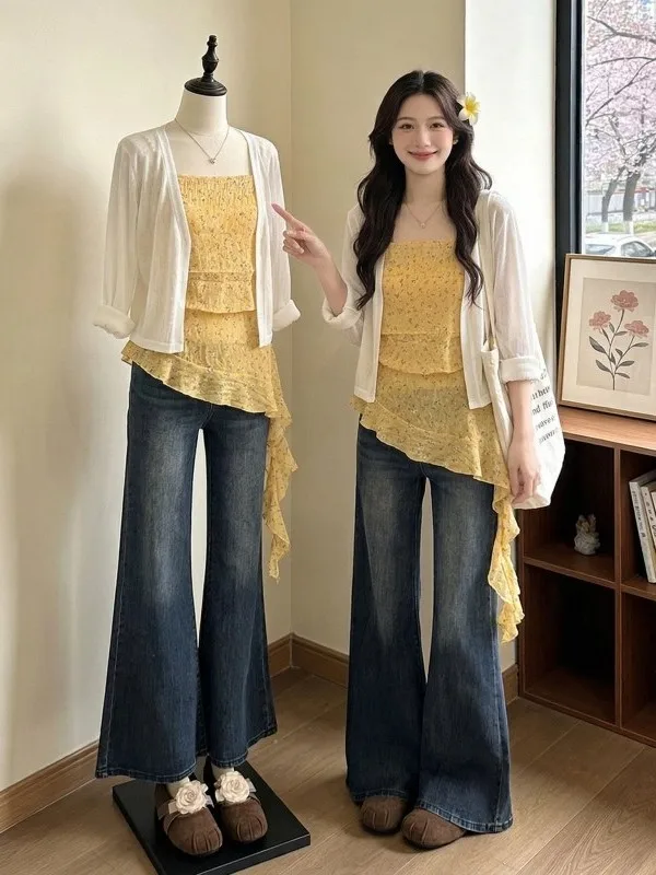 

plus Size Spring Summer New Style Asymmetrical Yellow Floral Print Chiffon Vest Sun Protection Outerwear Cardigan Top Set