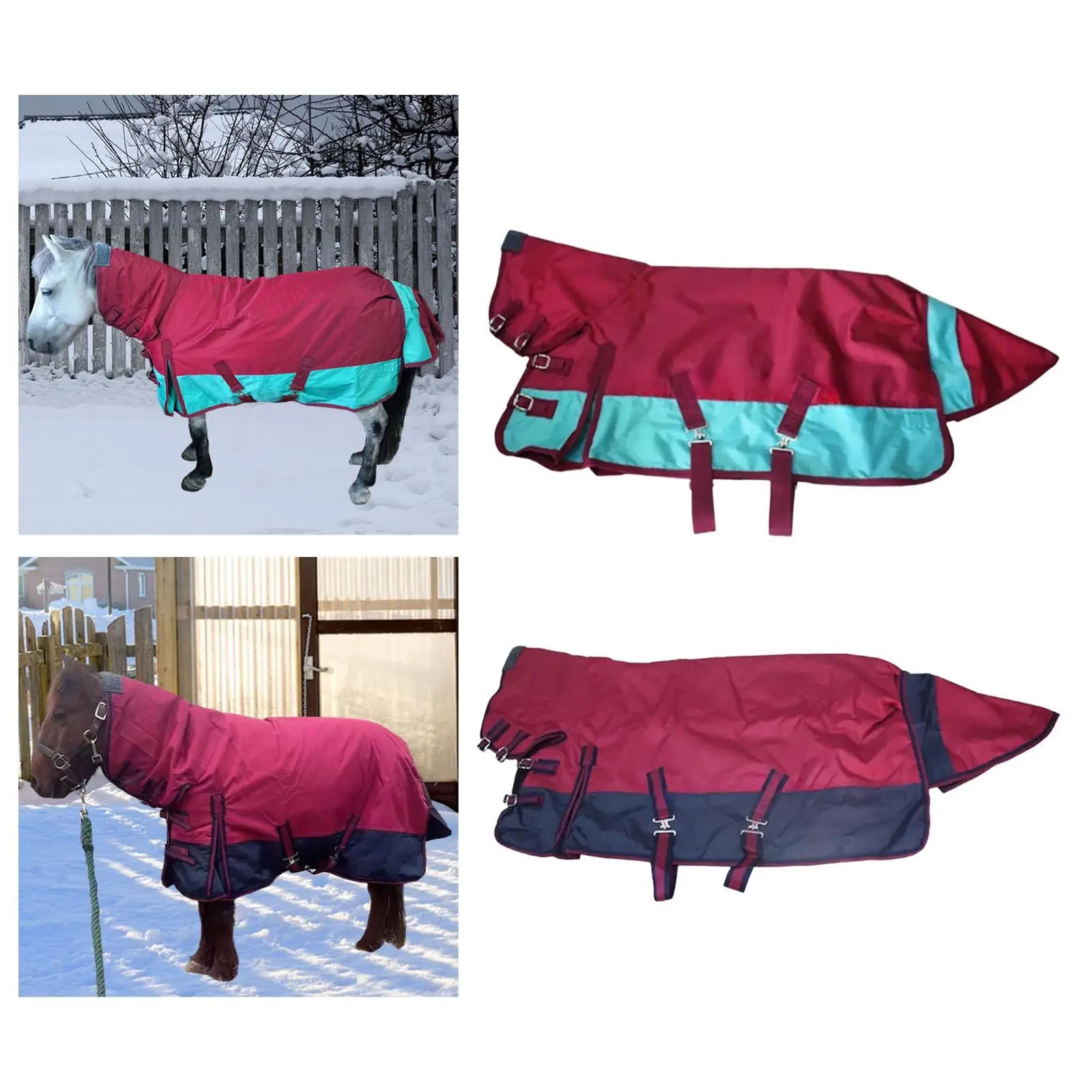 

Horse Winter Turnout Blanket Waterproof with Hood Belly Wrap Coldproof Thickened Breathable with Neck Cover 600D Oxford Cloth