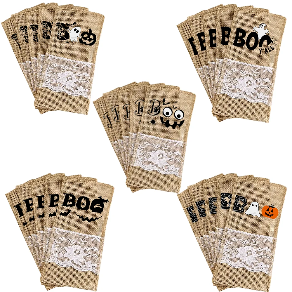 

Boo 5Pcs Halloween Natural Burlap Lace Tableware Utensil Holders Party Dining Table Accessories Evil Smiley Face Horror Ghost