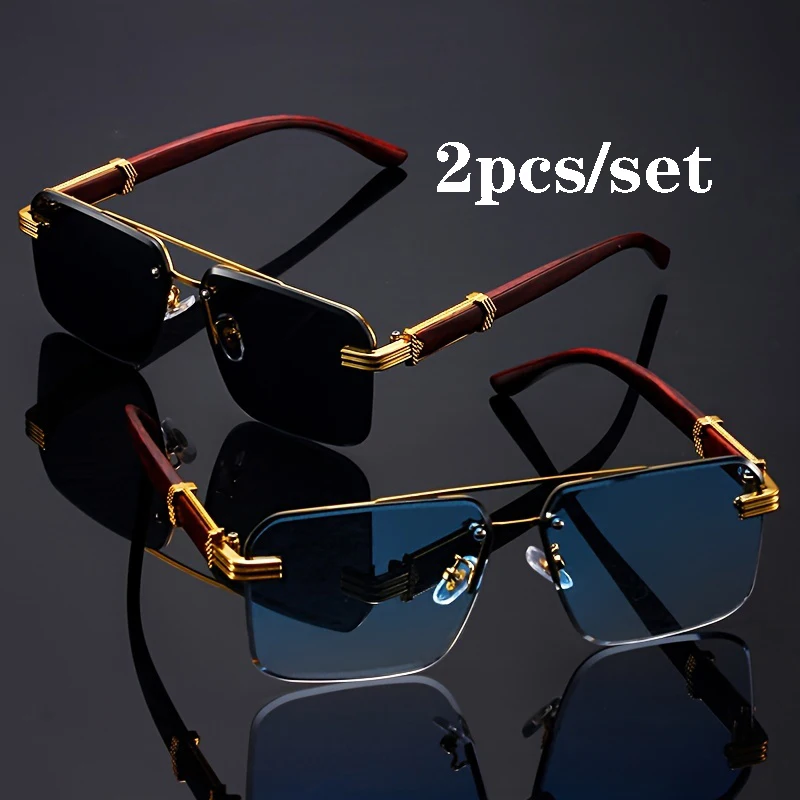 New 2pcs/set Square Sunglasses Women Men Metal Frame Rectangle Sun Glasses Female Oval Eyewear Sunglasses for Male Female Eyeglasses