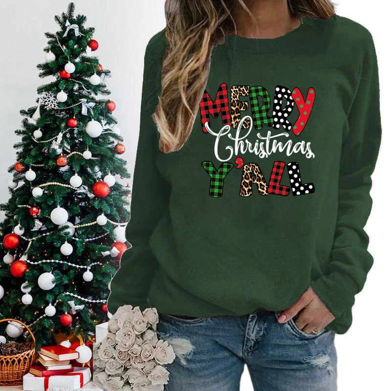 Wesołych Świąt Y\'all Leopard Sweatshirt Winter Women Xmas Gifts Crew Neck Sweatshirt Casual Graphic Long Sleeve Pullovers