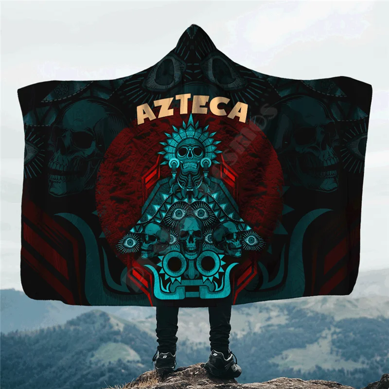 Aztec Dios De La Muerte Mural Art Hooded Blanket 3D All Over Printed Wearable Blanket Adults For Kids Blanket