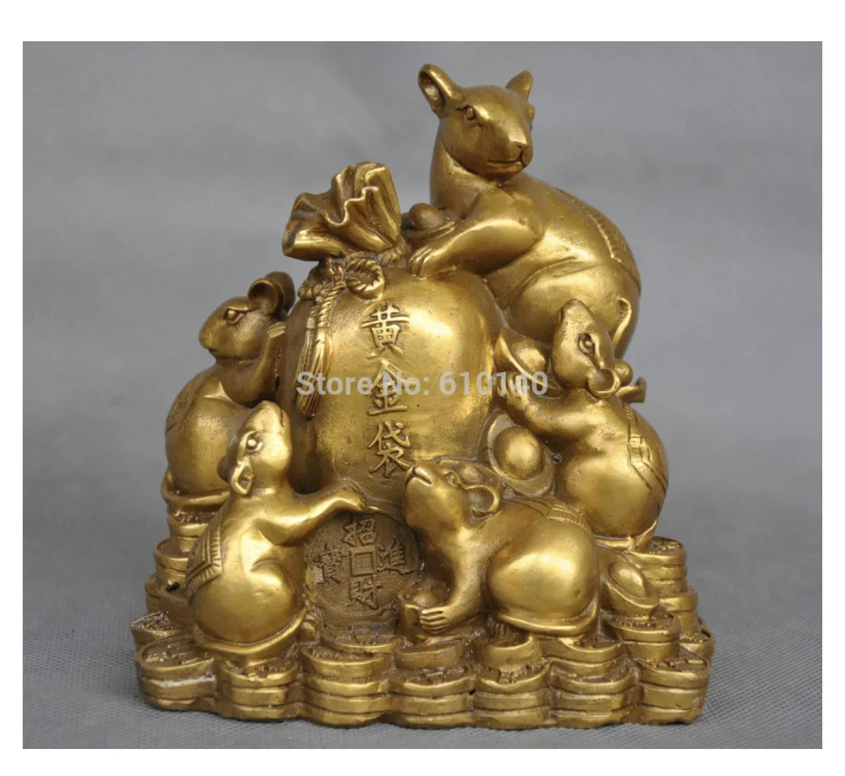 

5'' China Zodiac Five Rat Mouse Money Coin Bag Bronze Statue