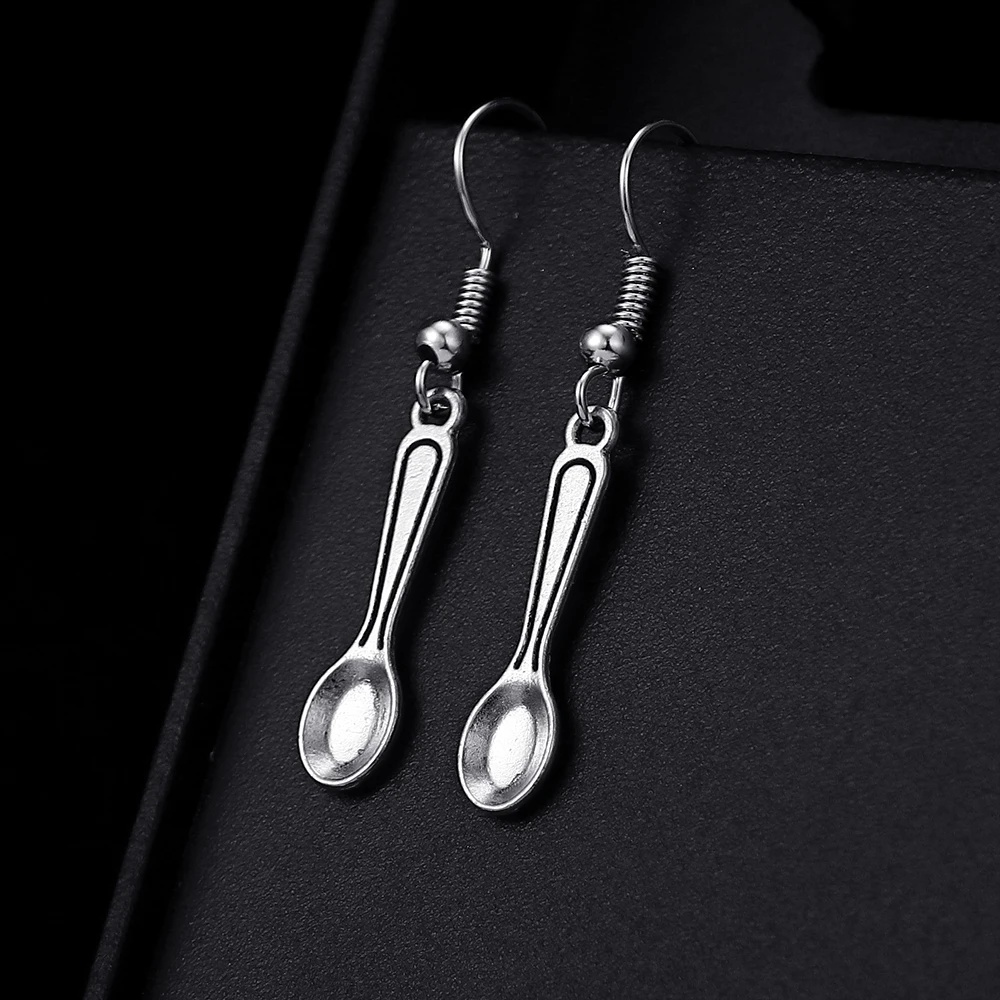 Trendy Vintage Spoon Shape Dangle  Antique Silver Plated Earrings for Women Girl Retro Drop Earrings Cute Earring Jewelry