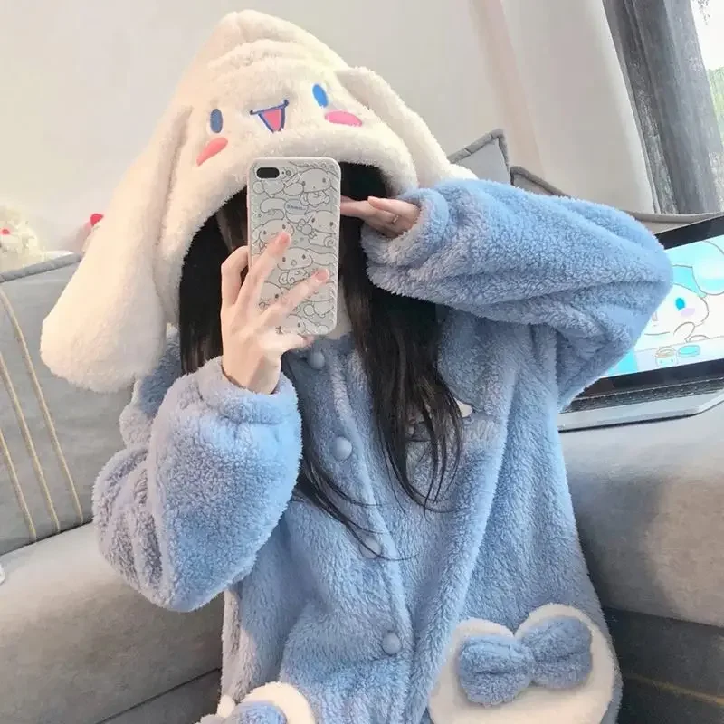 New Sanrio Kuromi Cinnamoroll Melody Women's Pajamas Cartoon Oversized Winter Velvet Cotton Plus Velvet Thickened Jumpsuit Gift