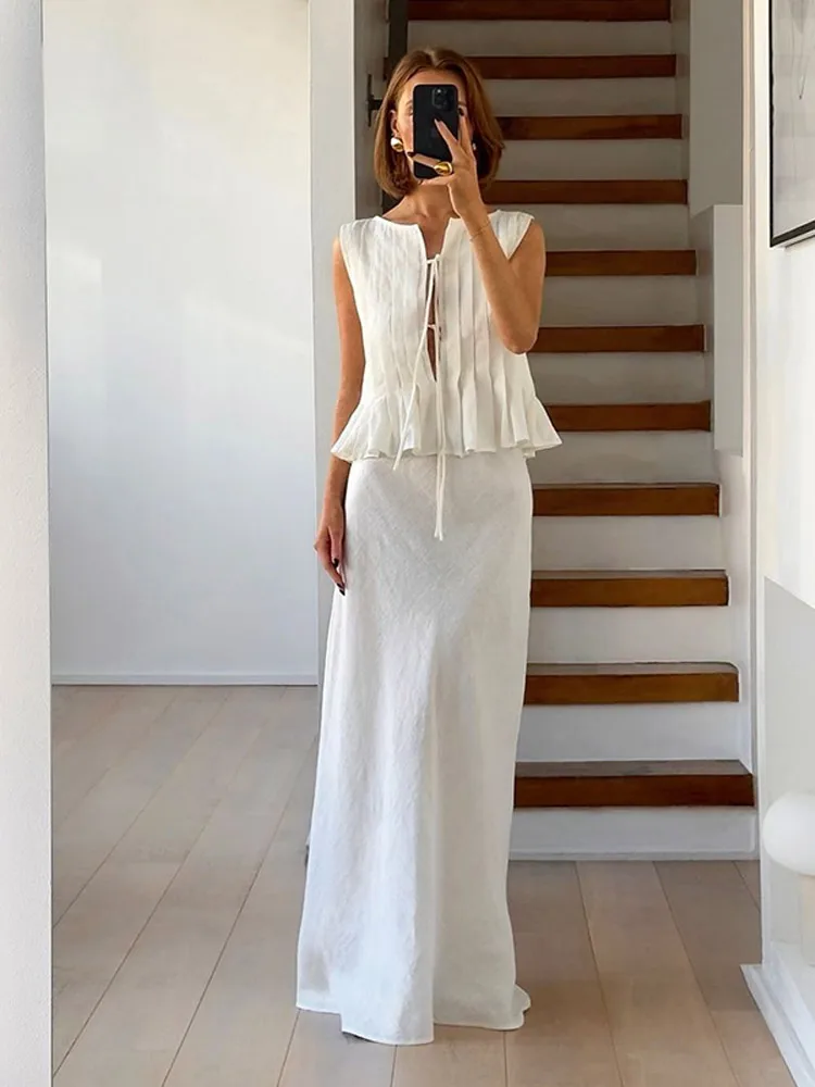 Elegant White Pleated Puff Hem Vest Maxi Skirts Set Women Fashion O-neck Hollow Out Lace-up Tops Summer Vocation Lady Streetwear