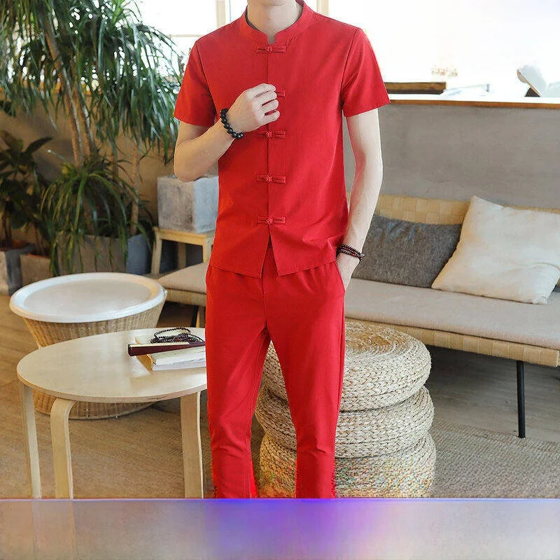 

Chinese Sle Red Wedding Brother up Ice Silk ort Sve T-irt Traditional Hanfu Costume Set Men's Summer Casual Wear