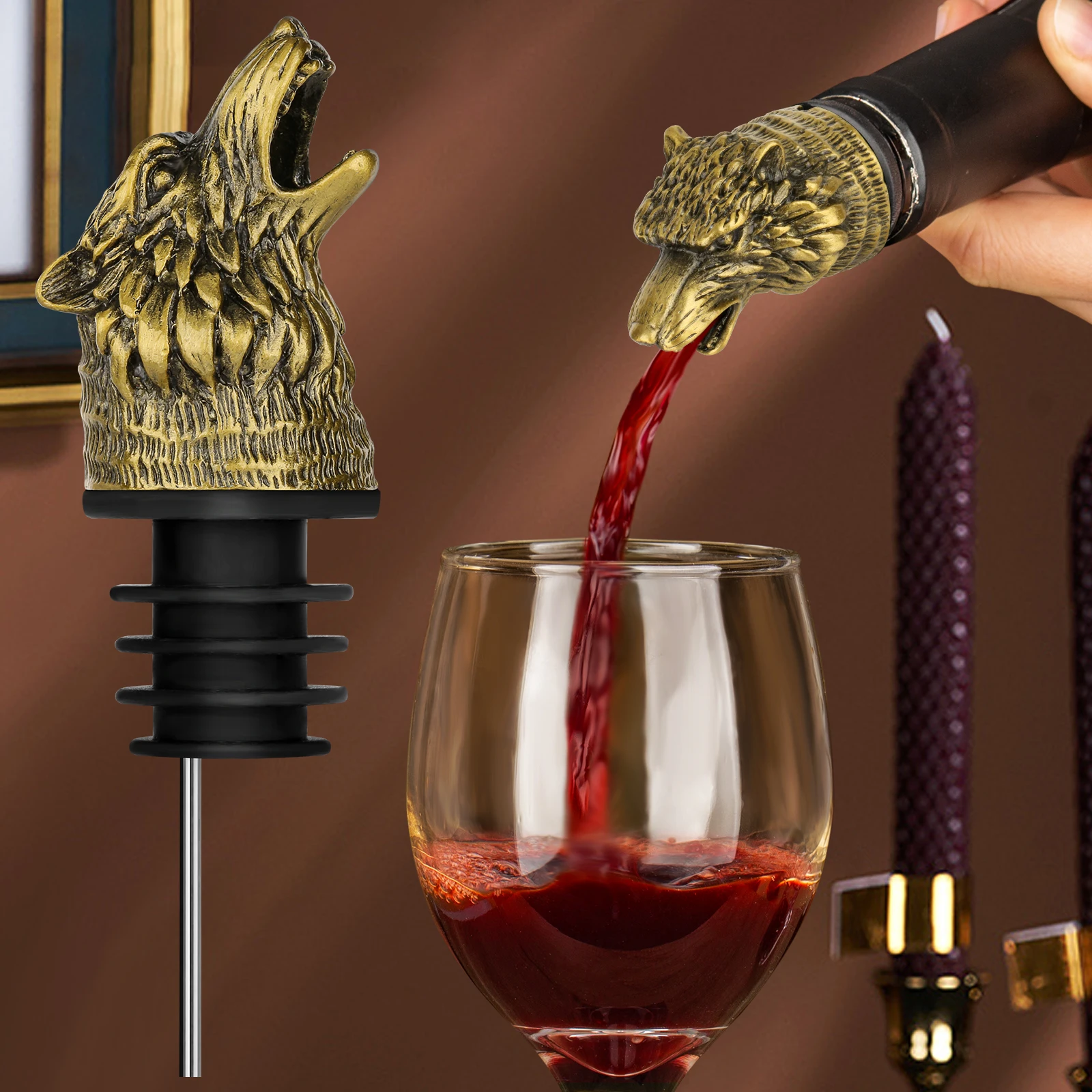 

LKKCHER Retro Wolf Head 2-In-1 Wine Bottle Pourer and Stopper for Men Women Wine Aerator Liquor Bottle Spout for Alcohol Spirits